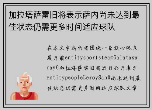 加拉塔萨雷旧将表示萨内尚未达到最佳状态仍需更多时间适应球队 加拉塔萨雷旧将表示萨内尚未达到最佳状态仍需更多时间适应球队
